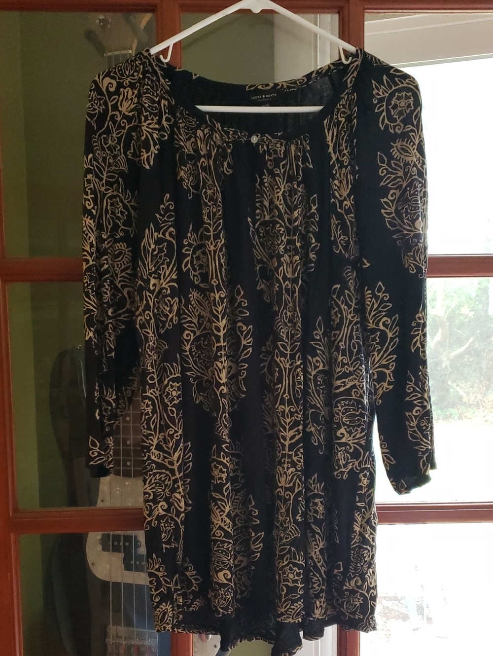 Lucky Brand Black Top with Beige Floral Accent